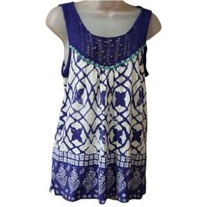 Meadow Rue Blue White Beaded Print Tank Top XS Summer Festival Boho Chic